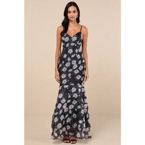 Lulus Pure Splendor Black Floral Organza Trumpet Maxi Dress Medium